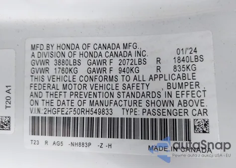 2024 Honda Civic Sport from USA, damaged, VIN 2HGFE2F50RH549833
